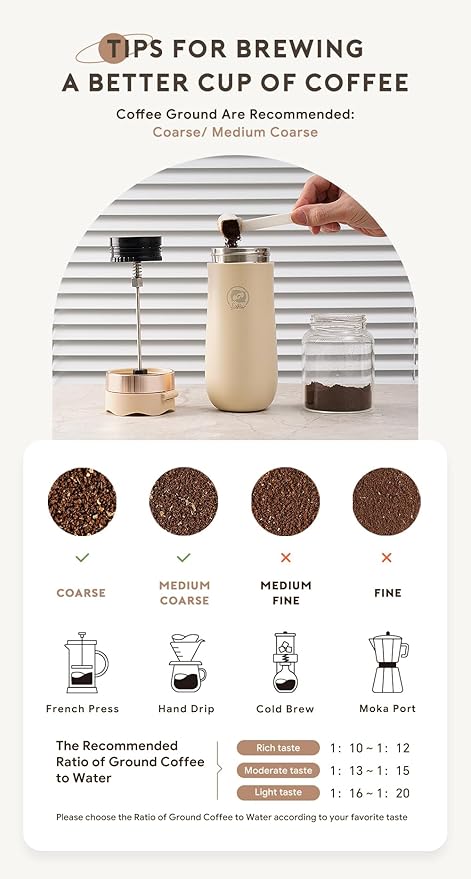BENFUCHEN Travel Coffee Press, Vacuum Insulated Portable French Press, Stainless Steel Portable Coffee Maker/Tea Press, 12oz, Beige