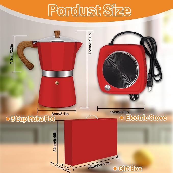 2-in-1 Aluminum Moka Pot Set with Electric Stove Classic Stovetop Espresso Coffee Maker 150ml 5oz Mocha Express Portable Camping Travel Preferred Cafe Makers Italian Cuban Café Brewing 3 Cup