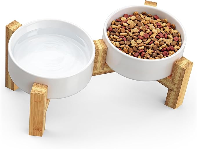 Bamboo Elevated Cat Bowls, 2 Ceramic Raised Cat Food and Water Bowls for Cats and Puppy, 15 Tilted Stand Anti Vomitting, Whisker Fatigue, Dishwasher Safe