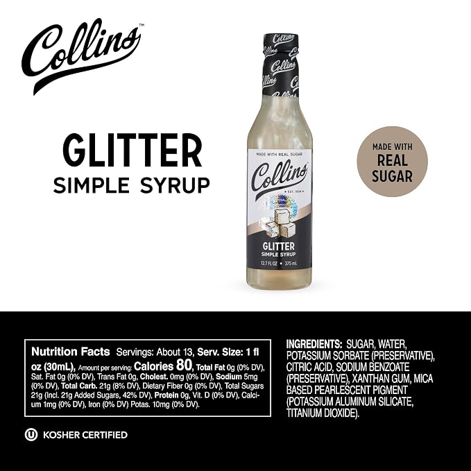 Collins Glitter Simple Syrup, Sparkle Cocktail Mixer with Edible Shimmer, Made with Real Sugar, No High-Fructose Corn Syrup, Ideal for Festive Cocktails and Mocktails, Party Essentials, 12.7 oz - Image 4