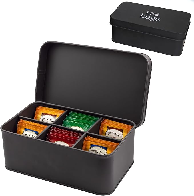 AuldHome Design Enamelware Tea Bag Box (Black), Classic Sleek Style Tea Storage Tin