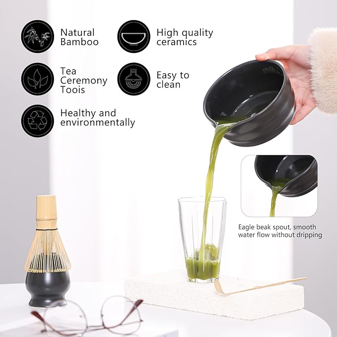 Matcha Tea Set – Traditional Japanese Ceremony Kit with 18.5OZ Ceramic Bowl, Bamboo Whisk, Scoop, and Holder – Ideal for Authentic Matcha Preparation and Gifting (Matte Black)