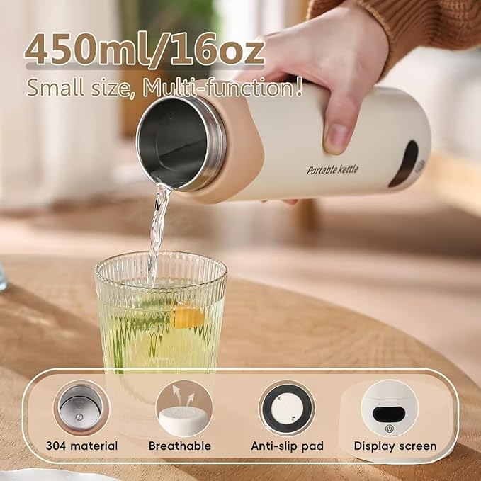 Portable Electric Kettle 16oz - Mini Travel Kettle Vacuum Insulation 304 Stainless Steel Small Water Boiler for Coffee, Tea - 4 Adjustable Temperature and Automatic Shut-off with Kettle Bag