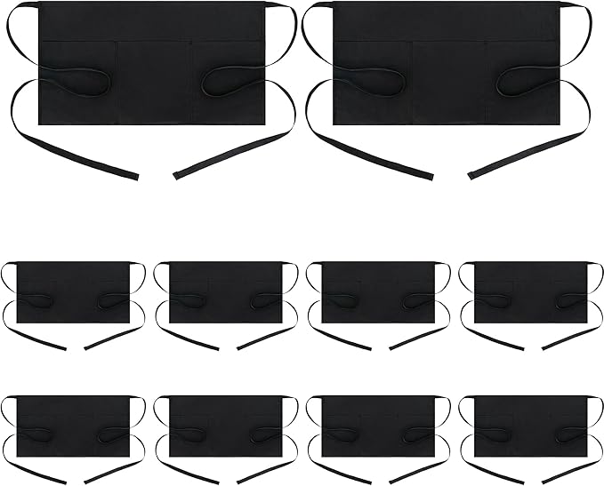 BOHARERS Waist Apron with 3 Pockets 10 Pack - Black Waitress Server Short Apron