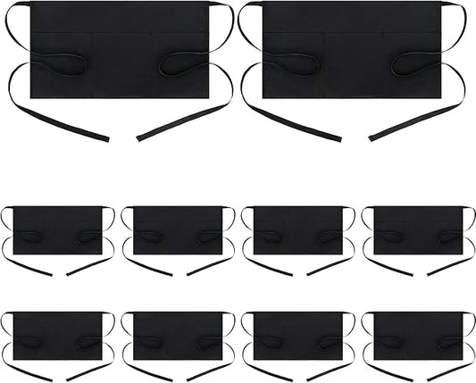 BOHARERS Waist Apron with 3 Pockets 10 Pack - Black Waitress Server Short Apron
