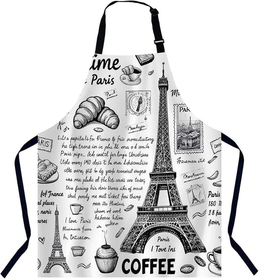 Retro Postcard with Eiffel Tower in Paris Kitchen Apron for Women Men, Unisex Adjustable Cooking Apron, Waterproof Apron for Home Kitchen, Restaurant, Coffee House by Unknown