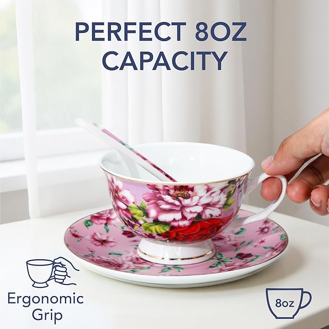BTaT- Floral Tea Cups and Saucers with Spoon, 8 oz, 6 Set, Porcelain Tea Cups Sets, Dishwasher Safe