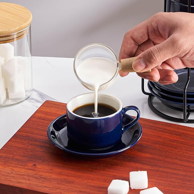 4oz Porcelain Stackable Espresso Cups with Saucers and Metal Stand Set of 4, Stackable Espresso Cups Set of 4, Blue Expresso Shots Cup Set for Coffee Drinks, Cappuccino Latte, Americano, Tea