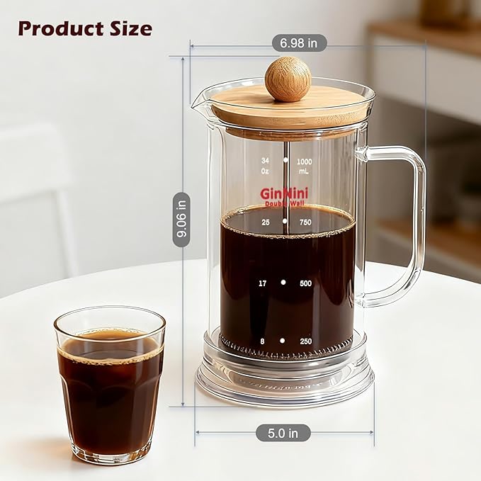 34-Ounce plastic free French Press Coffee Maker, Double Wall Glass coffee press, Stainless Steel Filter and Shaft, Bamboo Knob and Lid, Heat-Resistant tea french press no plastic large tea maker
