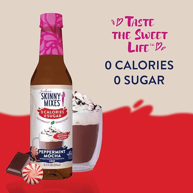 Jordan's Skinny Mixes Sugar Free Coffee Syrup, Peppermint Mocha Coffee Flavoring Syrup, Naturally Sweetened Zero Calorie Drink Mix, Lattes, Baking or Protein Shake, Dairy & Gluten Free, 12.7 Fl Oz