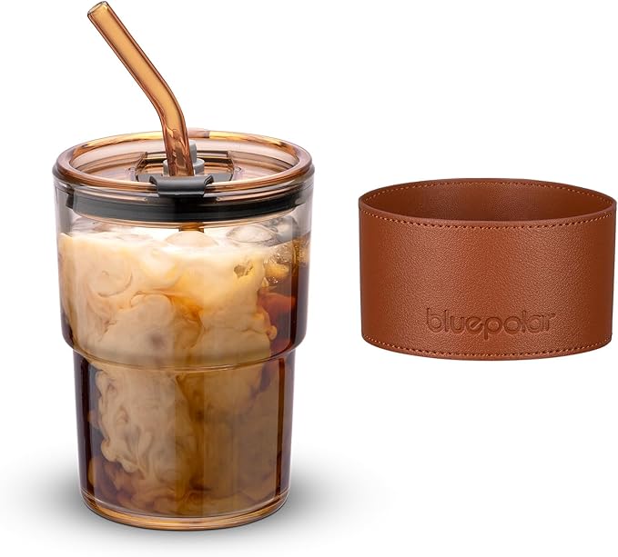 13oz/400ml Tumbler Water Glass, Cups with Straw and Lid Sealed Carry on for Coffee, Iced Tea, Thick Wall Insulated Glass Cup (Amberwith Protect Sleeve)