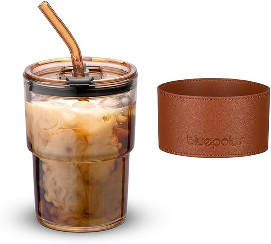 13oz/400ml Tumbler Water Glass, Cups with Straw and Lid Sealed Carry on for Coffee, Iced Tea, Thick Wall Insulated Glass Cup (Amberwith Protect Sleeve)