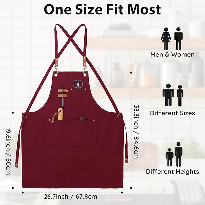 Canvas Aprons, Kitchen Chef Aprons, Work Aprons for Men Women, Adjustable Strap Aprons with 3 Pockets
