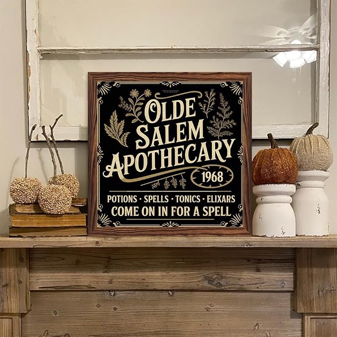 Halloween Decorative Sign, Olde Salem Apothecary Wooden Sign, With Frame Witchcraft Sign for Home Kitchen, Cafe, Bar, Garage Halloween Decor 7.87x7.87 Inch - Image 6