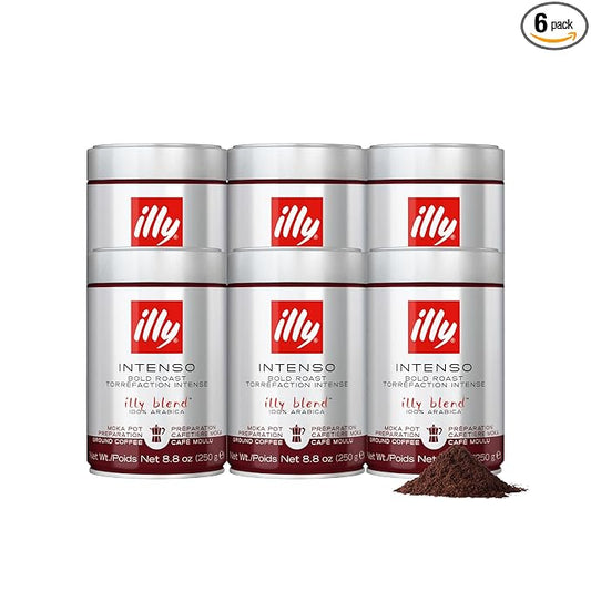 illy Ground Moka Coffee, Intenso Dark Roast, 100% Arabica, Premium Italian Coffee, Pre-Ground for Moka Pot or Stovetop Brewing, 8.8oz, 6 Pack