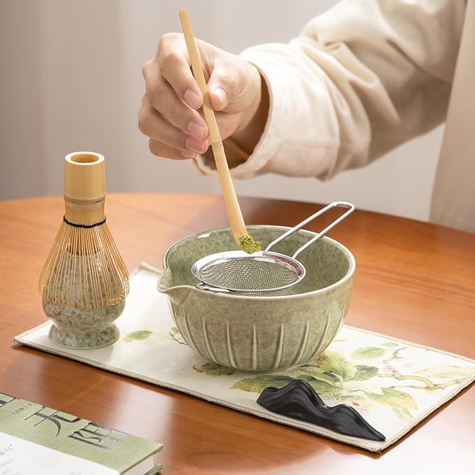 Matcha Whisk Set - 7PCS matcha kit ，Matcha Bowl with Spout, Bamboo Whisk with Ceramic Holder, Macha Scoop and Sifter, Matcha Kit for Ceremony, Gift for Matcha Lovers Green matcha set