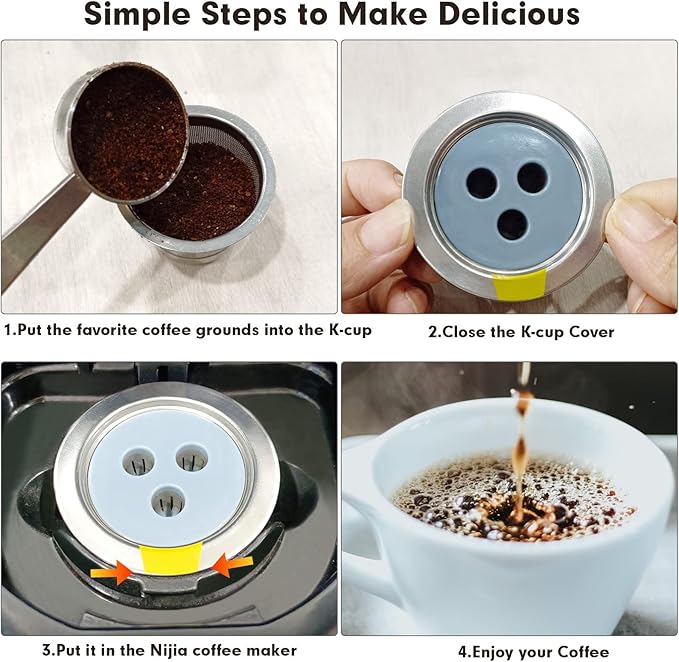 Reusable K Cups Compatible with Ninja Coffee Maker,Stainless Steel 4 Pack Reusable Coffee Pods,Permanent K Cups Coffee Filters Fit for Ninja CFP201 CFP 300 CFP305 CFP307 CFP400 (4Pack)