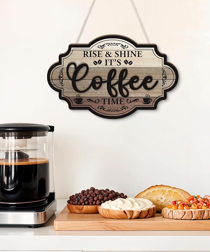 Putuo Decor Farmhouse Coffee Bar Sign, Rise & Shine Its Coffee Time Wall Hanging Sign, Vintage Double Layer Plaque Wall Decor for Home Kitchen Station Rustic Bar Accessories