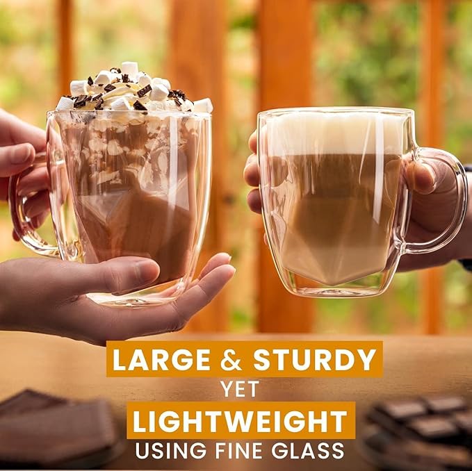 Double Walled Glass Coffee Mugs - Set of 2-12 oz Insulated Coffee Mugs - Geometric Modern Novelty Design Clear Glass Coffee Mugs ideal for Latte & Cappuccino