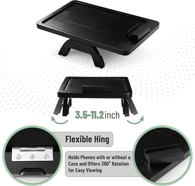 BAMBOO LAND- Couch Arm Tray, Wooden Folding Couch Armrest Table, Black, Rectangular Clip-On Sofa Arm Tray with 360° Rotating Phone Holder