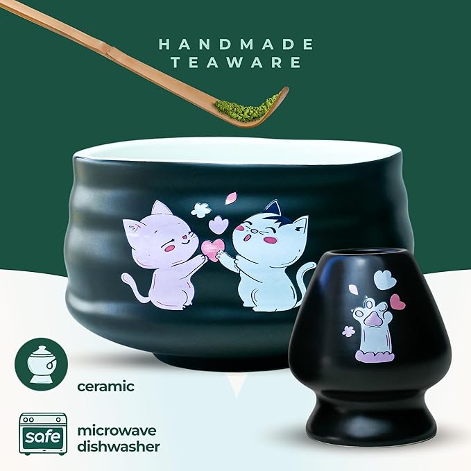 Matcha Gift Set 6 Pcs – Ceramic Bowl, Bamboo Whisk, Whisk Holder, Scoop, Sifter & Cloth – Traditional Japanese Set for Green Tea by Aprika Matcha (Black with Cats)