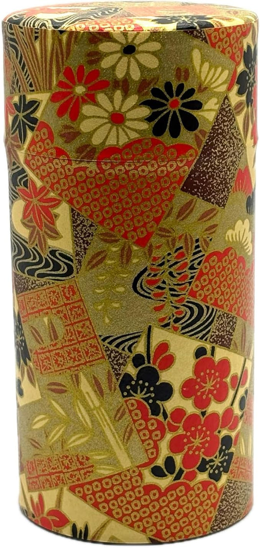 KONJIKI YUGURE Japanese Tea Canister Tin (Golden Twilight) with Double Lid, Japanese Washi Paper Pasted, 200g Tea Capacity, Loose Leaf Tea Storage Container with Lid