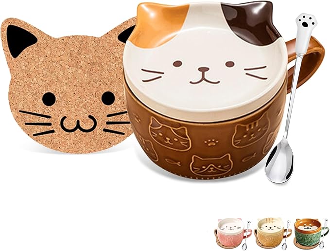 Gifts for Women Her Cute Kawaii Cat Coffee Mugs with Lids Christmas Birthday Presents for Girls Friend Kids Men Wife Mom Grandma Teacher Novelty Animal Coffee Ceramic Tea Cup Dessert Saucer Set