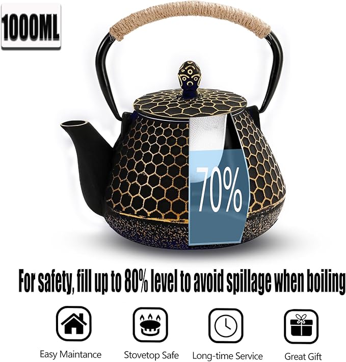 Cast Iron Tea Pot - Honeycomb Pattern Tea Kettle with Tea Leaf Infuser,Stovetop Tea Kettle Coated with Enameled Interior,Suitable for Brewing Loose Leaf Tea (Gold)