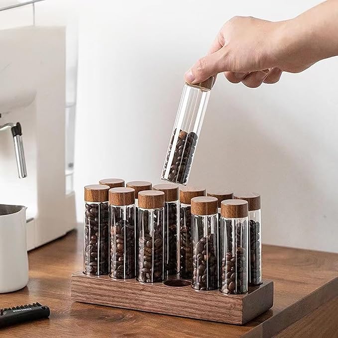 Coffee Bean Storage,Coffee Storage Container with Walnut Solid Wood Base,Coffee Bean Container,12 Tubes Single Dose with Wooden Holder(Type 1)