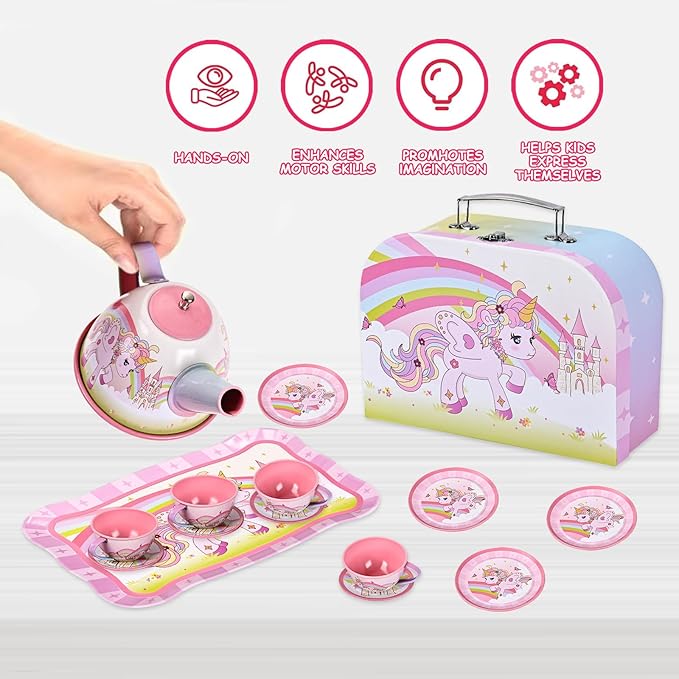 Unicorn Tea Party Set for Little Girls Ages 3-6, 15-Piece Pretend Play Kitchen Toys with Teapot, Cups, Plates & Storage Case, Princess Gift Set