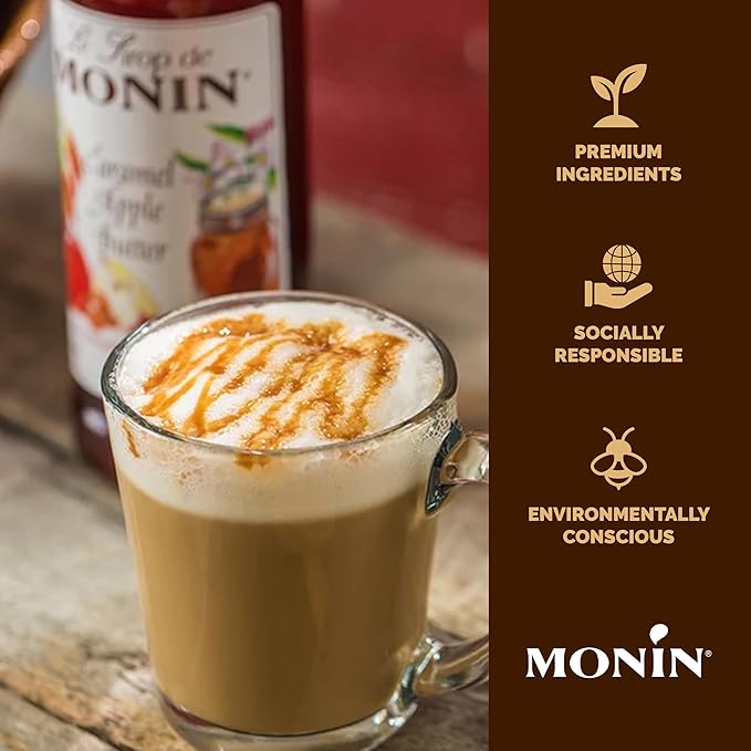 Monin - Caramel Apple Butter Syrup, Buttery Caramel and Cooked Apple Flavor, Natural Flavors, Great for Hot Lattes, Ciders, and Seasonal Cocktails, Non-GMO, Gluten-Free (1 Liter)
