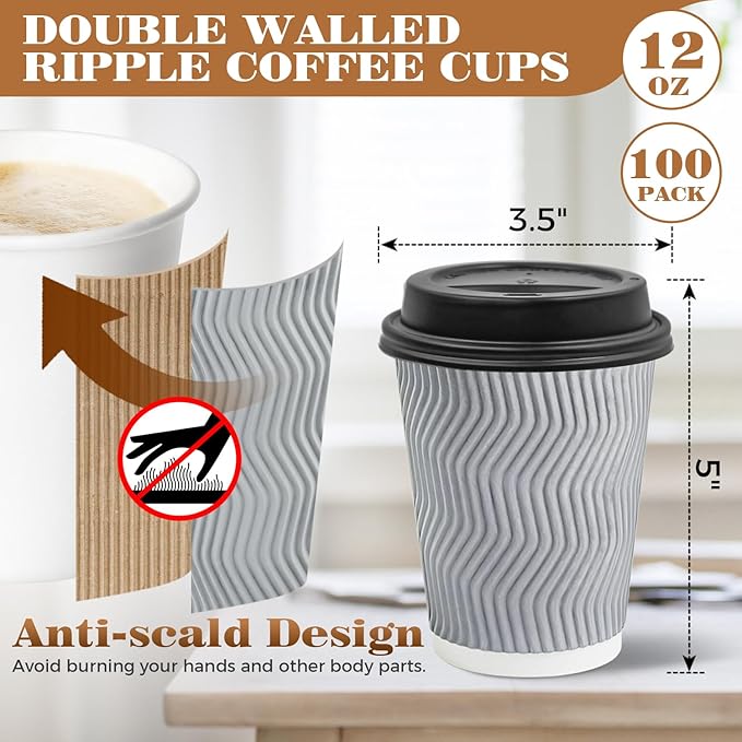 Ginkgo 100 Pack 12 oz Disposable Insulated Coffee Cups With Lids, Double-Walled Ripple To Go Paper Travel Cups for Hot Drinks - Gray