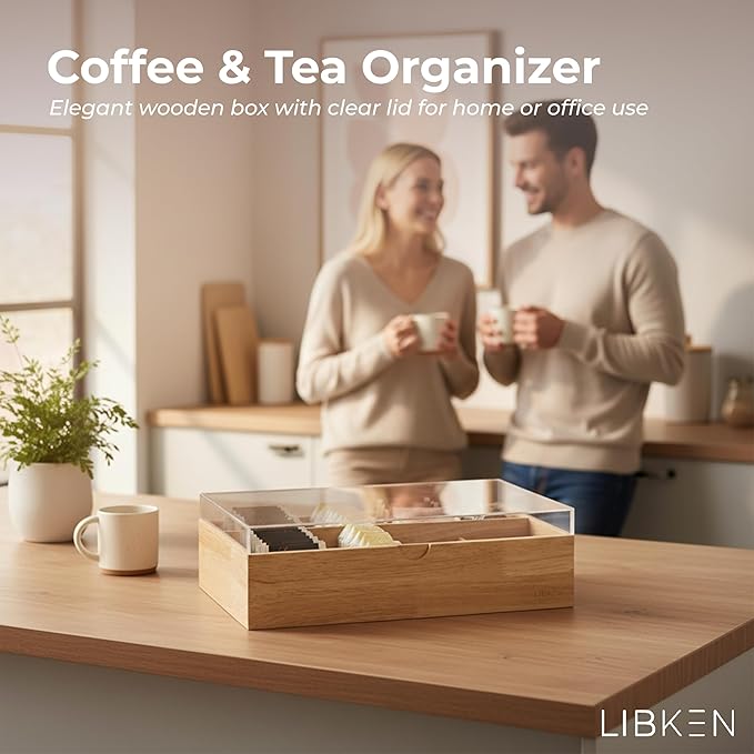 Wooden Tea Bag Organizer Box – 8 Compartment Tea Storage with Clear Lid – Minimalist Scandinavian Design – Versatile Wooden Tea Box for Tea Bags, Jewelry, Crafts, Office & Countertop Storage