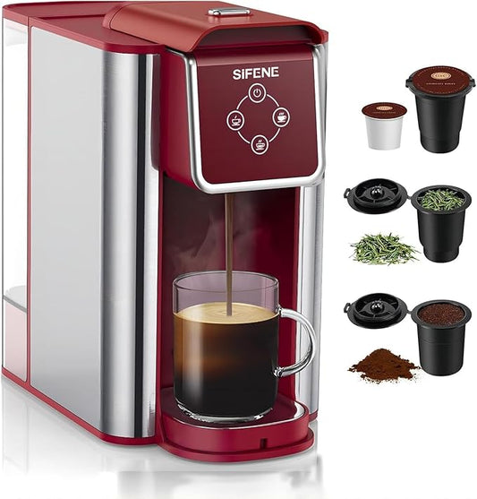 SIFENE KC101 3-in-1 Single Serve Coffee Maker, Compact & Portable, Compatible with K-Cup Pods Only, Ground Coffee & Tea, Fast Brew in 60 Seconds, 50oz Removable Reservoir, Easy to Clean, Red