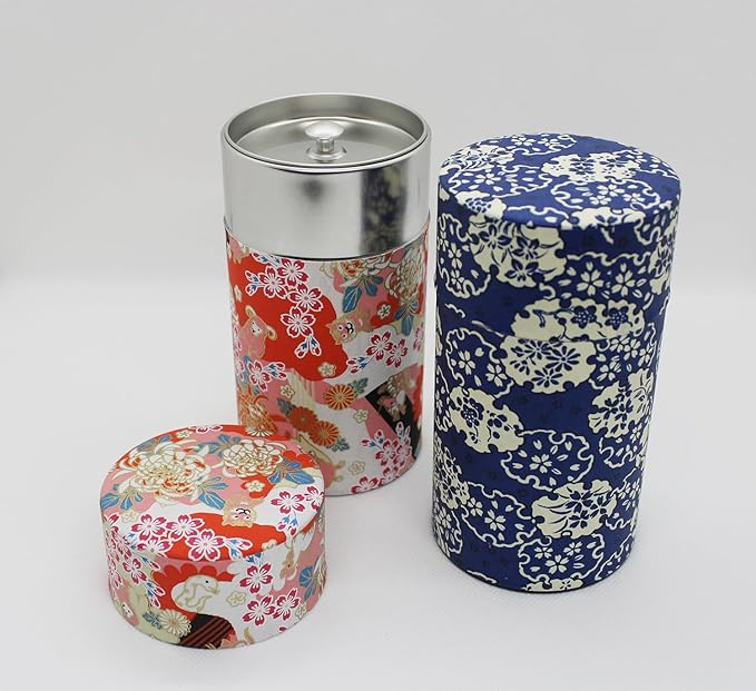 Japanese Pokkan Matcha Coffee Spice Tea Tin Canister Washi Paper Storage with Lid 7.05 oz Capacity (Eto)