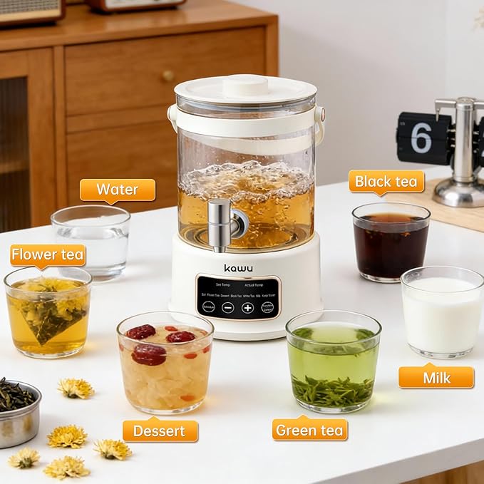 Kawu 2.5L Electric Water Boiler & Warmer, 7-in-1 Glass Tea Kettle with Temperature Control, 24H Keep Warm, Stainless Steel Spout Hot Water Dispenser for Tea, Coffee, BPA Free