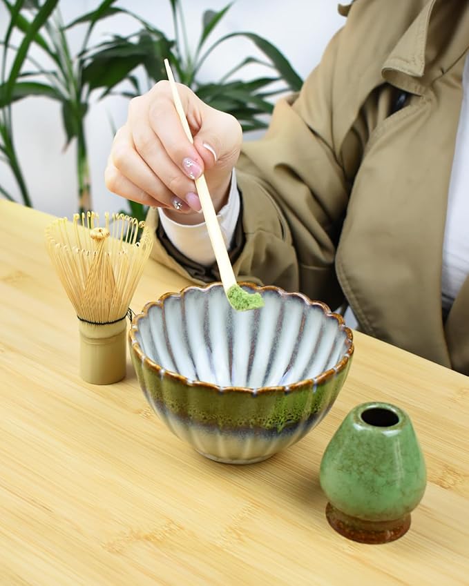 Artcome Matcha Tea Set - 17oz Petal-Shaped Matcha Bowl, Bamboo Whisk, Scoop, Whisk Holder & Brewing Guide - Japanese Tea Ceremony Tools for a Perfect Matcha Experience, Gradient Green