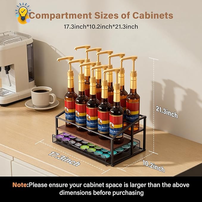 kimilus Coffee Syrup Rack Organizer, 3-Tier 10 Bottle Syrup Rack with 35 K Cup Darwer for Coffee Bar, Countertop Bottle Holder Stand for Dressing for Kitchen Cafe Station