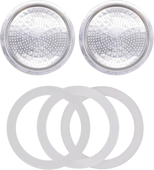 6 Cup Coffee Gasket for Bialetti Moka Aluminium Stove Top Espresso Machine Pots Express - 3 Gasket and 2 Stainless Filter