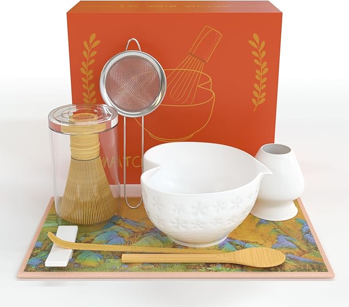 Matcha Whisk Set & Japanese Tea Set, 8PCS Ceramic Matcha Kit, Heart-shaped Matcha Bowl with Spout and Bamboo Whisk for Ceremony Matcha Lovers, Ideal Gift Christmas and Birthday (Ivory White)