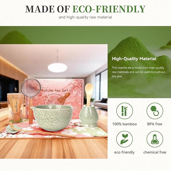 Matcha Whisk Set, Japanese Tea Ceremony Utensils (8 PCS) with Matcha Bowl with Spout (19 oz), Bamboo Whisk, Scoop, Holder, Sifter, Tea Towel – Authentic Matcha Set & Gift Box (Green)