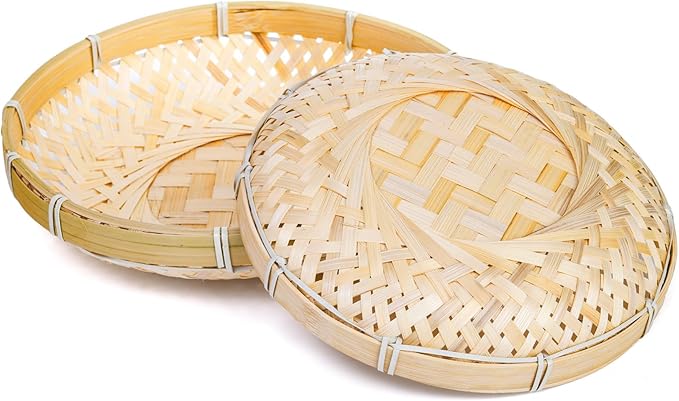 Hiceeden 3 Pack Round Bamboo Serving Trays, Decorative Wicker Basket Tray for Food, Natural Woven Shallow Tray for Fruit, Vegetables, Bread