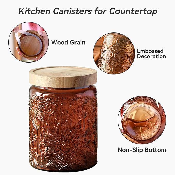 Glass Jar with Lid, Vintage Glass Storage Jars with Airtight Lid Coffee Canister Sugar Container for Kitchen Counter Pantry, Flour, Candy, Tea, Coffee Beans, Oats (Begonia Sunflower Brown)