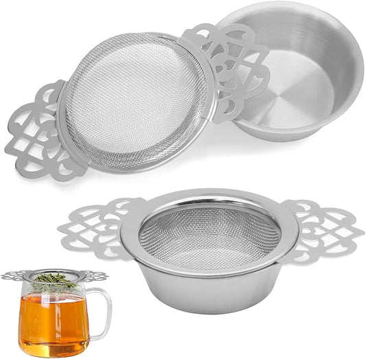 2 Pack Tea Strainers with Drip Bowls Stainless Steel Mesh Tea Infusers Loose Leaf Tea Filter with Handles Tea Steeper for Tea Juice Coffee Drinks, Silver