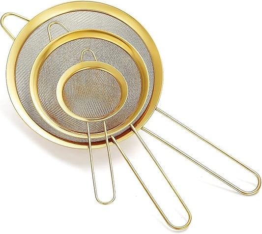 Gold Fine Mesh Strainer 3 Pieces Set, Golden Flour Sifter For Baking, Stainless Steel Clander, Gold Matcha Tea Strainer, Gravy Separator, Stasher Sieve Pasta Strainers