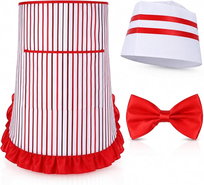 3pcs Soda Jerk Costume, 1950s Waiter Costume Kit, Red And White Striped Apron with Pocket, Adjustable Red Bow Ties, Chef Hat for Retro Party, Diner Role Play by Unknown
