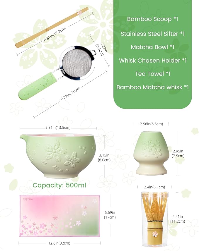Matcha Whisk Set, 6pcs Matcha Set Includes Matcha Bowl, Bamboo Whisk & Scoop with Cute Charm, Chasen Holder, Innovative Sifter, Tea Mat for Japanese Tea Ceremony, Pale Green
