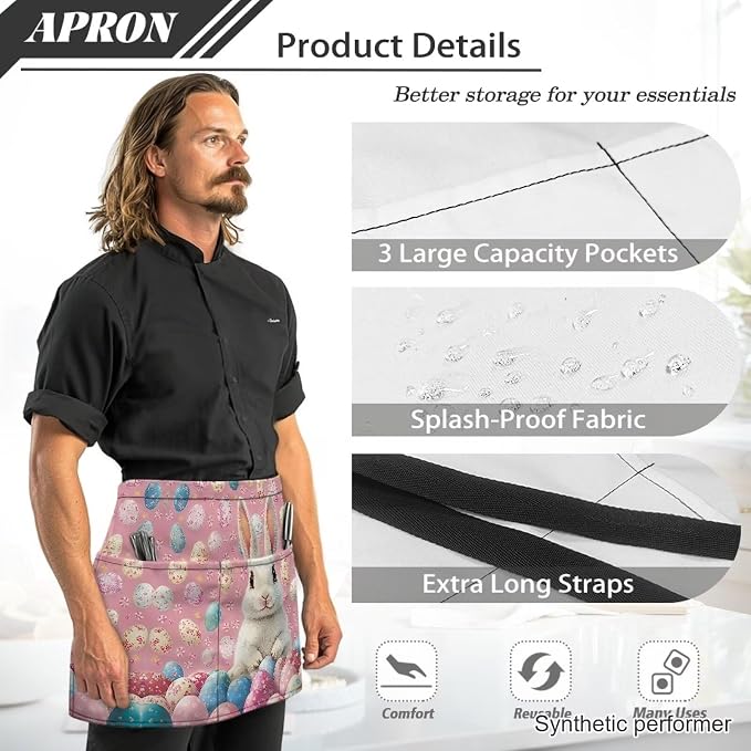 Waist Apron with 3 Pockets Waterproof 13 Inch Short Half Waist Aprons Women Men Server Aprons Waitress Waiter Apron - Image 6