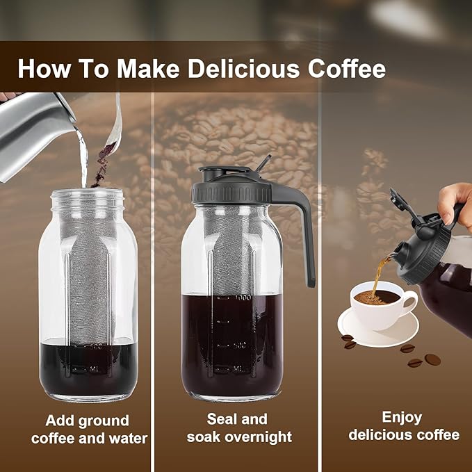 Cold Brew Coffee Maker - 64 Oz Heavy-Duty Glass Mason Jar Pitcher with Stainless Steel Filter, Leak-Proof Lid, Ergonomic Handle & Precision Pour Spout – Ideal for Iced Coffee, Tea, Cold Brew (Black)