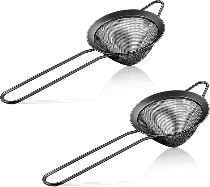 Black Small Strainer Set of 2, E-far 3.3 Inches Stainless Steel Fine Mesh Sieve with Long Handle, Metal Conical Strainers for Tea Cocktail Coffee Food, Rust Proof & Easy to Clean